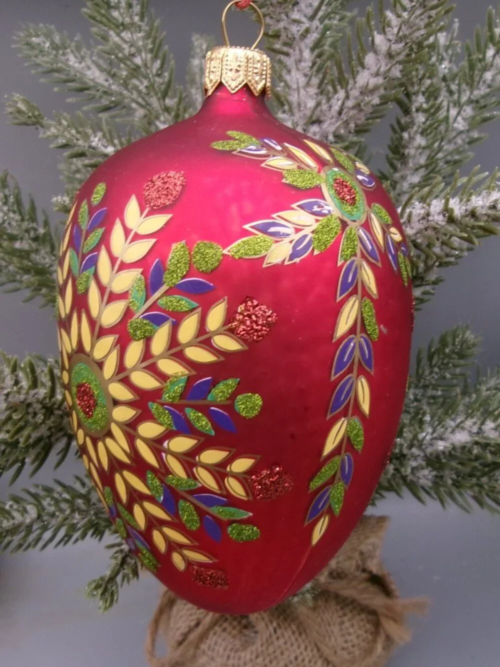 Vintage Red Pysanky Egg Christmas Ornament, Hand Painted Glass
